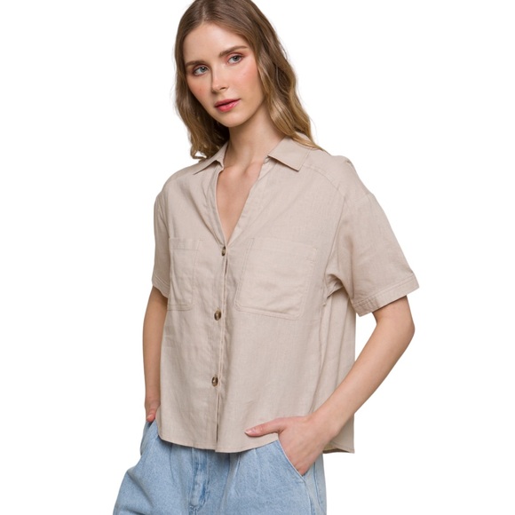 Tops - 015. NWT Khaki Linen Shirt Sleeve Double Pocketed Collared Top